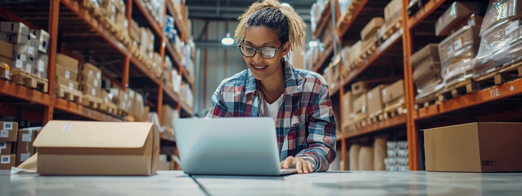 Smiling employee in a large warehouse, working on a laptop among shelves of boxes, utilizing search as a service to streamline logistics.