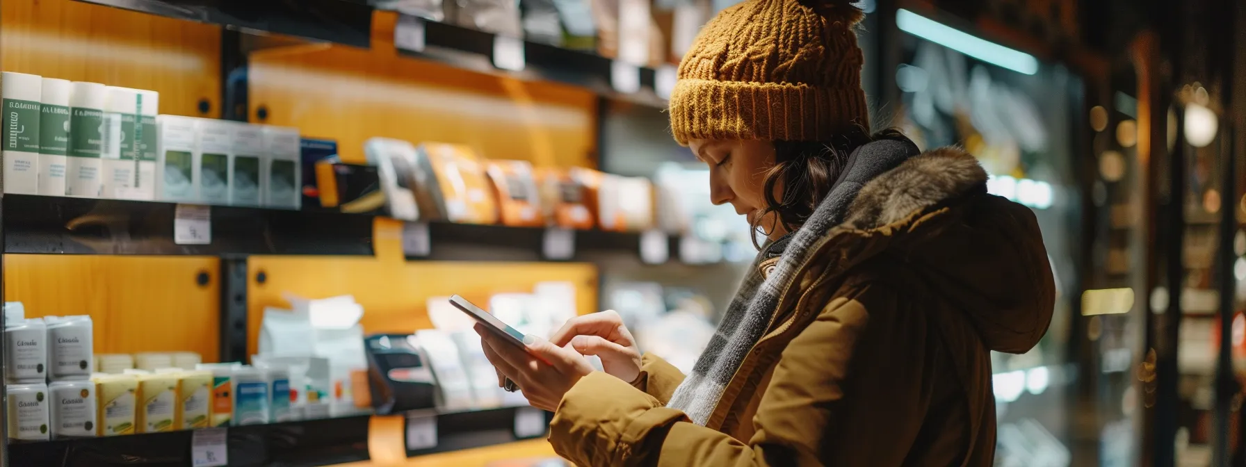 Woman browsing on her smartphone while shopping in a store, using search as a service to find product information